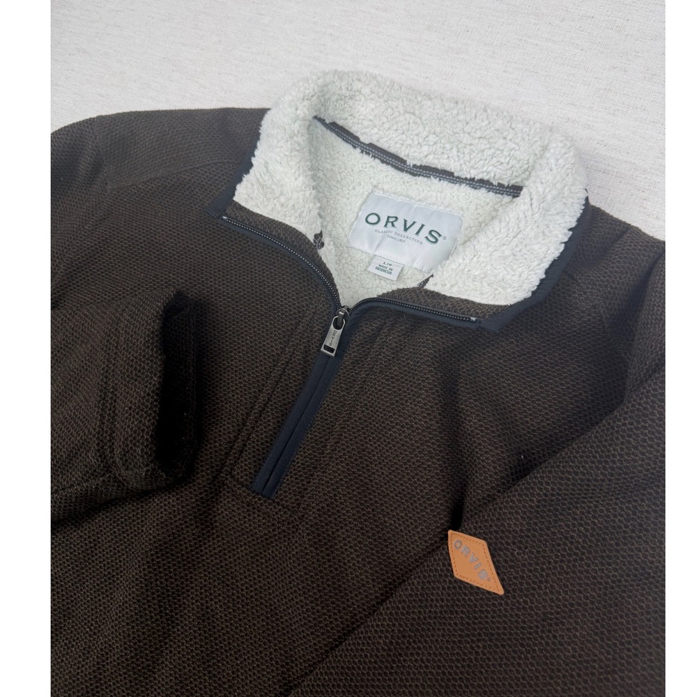 Orvis Mens L Brown Textured Quarter‎ Zip Pullover Sherpa Lined Fleece Jacket